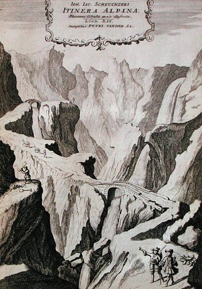 Johann Jacob Scheuchzerin 1706 julkaistun Itinera Alpinan osan I etukappale (kaiverrus) tekijältä Anna Wasera (after) Tigurina