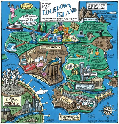 Lockdown Islandin kartta, 2020 (akryyli paperille) tekijältä Annalisa Morrocco