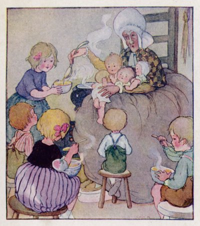 Lastenlaulu: Oli vanha nainen, joka asui kengässä (väri litho) tekijältä Anne (after) Anderson
