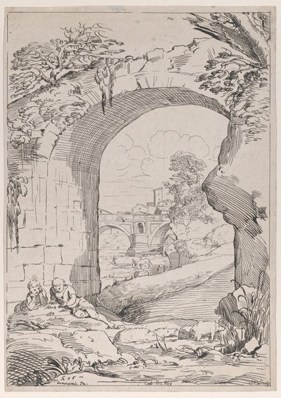 Maisema sillan kanssa, 1700-luku. tekijältä Anne Claude Philippe de Caylus