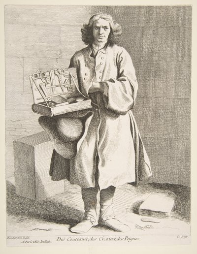 Veitsien, saksien ja kampajen kauppias, 1742. tekijältä Anne Claude Philippe de Caylus