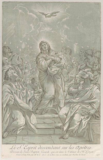 Helluntai, jossa Neitsyt seisoo keskellä, Pyhä Henki yläpuolella ja apostolit..., n. 1729. tekijältä Anne Claude Philippe de Caylus
