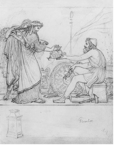 Anakreon vastaanottaa hopeamaljakon kahdelta seisovalta hahmolta, jossa on stelatutkimus: Kuva Anacreonin Oodille XVII, jossa on merkintä "Girodet" (musta liitu paperille) tekijältä Anne Louis Girodet de Roucy Trioson