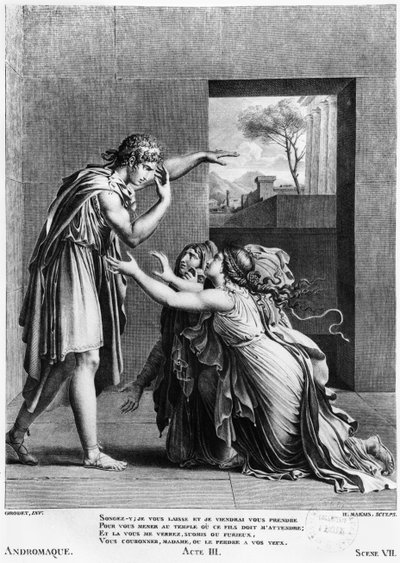 Andromache Pyrrhusin jaloilla, esimerkki Jean Racinen (1639-1699) Andromaquen 7. näytöksestä, Henri Marais