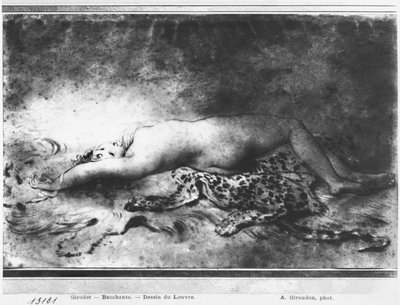 Alaston nuori tyttö makaa eläimen iholla (kanto ja musta kynä paperilla) tekijältä Anne Louis Girodet de Roucy Trioson