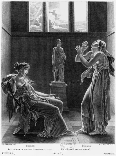 Phaedra ja Oenone, kuva Jean Racinen (1639-1699) Phedren 3. näytöksestä, kaivertanut Raphael Urbain Massard (1775-1843) 1824 tekijältä Anne Louis Girodet de Roucy Trioson