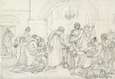 Rustiikkinen sisustus antiikissa (musta liitu hienojakoiselle valkoiselle paperille). tekijältä Anne Louis Girodet de Roucy Trioson