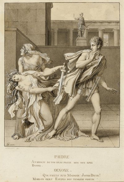 Phaedre, julistettuaan intohimonsa, yrittää tappaa itsensä Hippolytuksen miekalla tekijältä Anne Louis Girodet de Roussy Trioson