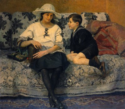 Nuori tyttö ja nuori poika sohvalla (öljy kankaalle) tekijältä Anne Marie Henriette Brejat