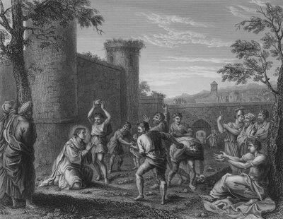 Pyhän Stefanoksen kivittäminen (kaiverrus) tekijältä Annibale (after) Carracci