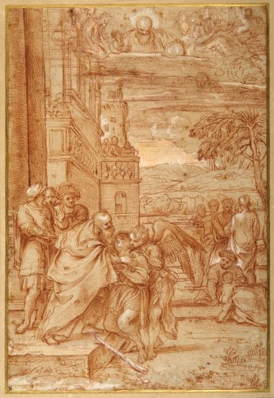 Tuhlaajapojan paluu Annibale Carraccin jälkeen (punainen liitu ja korostus paperilla) tekijältä Annibale (follower of) Carracci