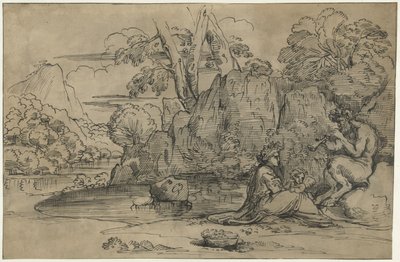 Maisema, jossa huilua soittava satyyri, nainen ja putto tekijältä Annibale Carracci (attributed to)