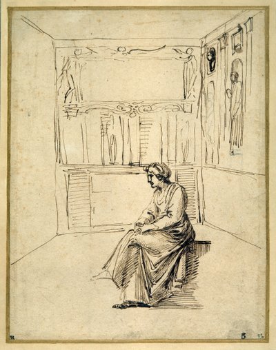 Nainen istumassa huoneessa (kynä ja ruskea muste paperille) tekijältä Annibale Carracci
