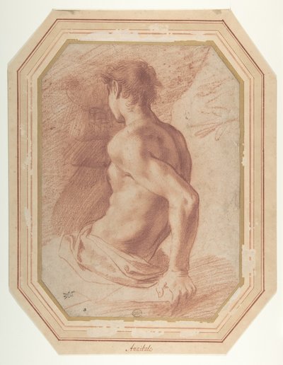 Takaapäin kuvattu istuva alaston nuorukainen vasemmalle kääntyneenä tekijältä Annibale Carracci