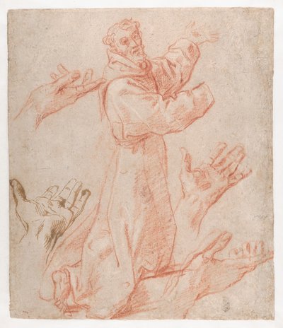 Carracci - Tutkimuksia Pyhän Fransiskuksen hahmoa polvistuneena kolmivartalokuvassa ja hänen käsiään varten (rekto), 1583-85. tekijältä Annibale Carracci