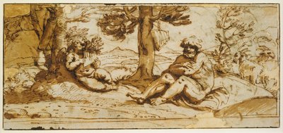 Flötenspielender Amor und Silenus in einer arkadischen Landschaft tekijältä Annibale Carracci