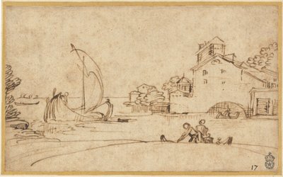 Maisema hahmoineen purjeveneineen suistoalueen vieressä tekijältä Annibale Carracci