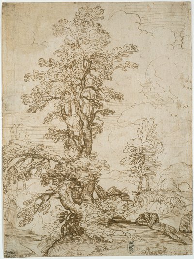 Maisema, jossa mies nukkuu puun alla (etusivu); maisema, jossa ratsumies (kääntöpuoli). tekijältä Annibale Carracci