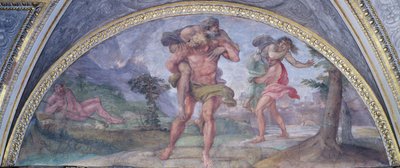 Lunette kuvaa Aeneasta pakenemassa palavasta Troijasta kantamassa isäänsä Anchises ja Ascaniusa kantamassa äitiään, Camerinosta, 1596 tekijältä Annibale Carracci
