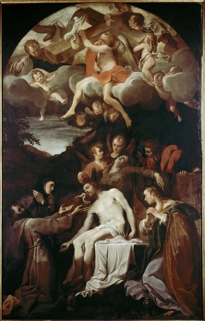 Pieta St Clairen, Pyhän Franciscuksen, Pyhän Maria Magdaleenan ja Pyhän Johanneksen kanssa (öljy kankaalle tekijältä Annibale Carracci
