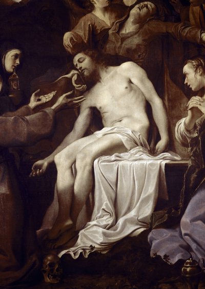 Pieta St Clairen, Pyhän Franciscuksen, Pyhän Maria Magdaleenan ja Pyhän Johanneksen kanssa, yksityiskohta Jeesuksesta (öljy kankaalle tekijältä Annibale Carracci