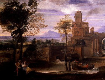 Roomalainen maisema sillalla (öljy kankaalle) (yksityiskohta 186429) tekijältä Annibale Carracci
