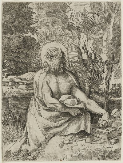 Pyhä Hieronymus erämaassa, n. 1591 (etsaus ja kaiverrus paperille, iiiiv) tekijältä Annibale Carracci