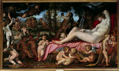 Annibale Carraccin tai Annibal Carrachen (1560-1609) maalaus Venuksen uni 1602 su. 1,9x3,28 m Chantilly, Musee Conde tekijältä Annibale Carracci