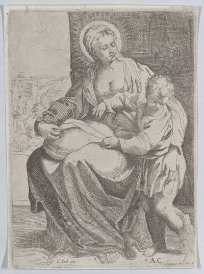 Neitsyt istuu pitelee tyynyä sylissään ja nuori Kristus seisoo oikealla..., 1580-1600. tekijältä Annibale Carracci