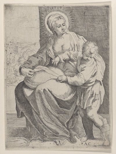 Neitsyt istuu pitelee tyynyä sylissään ja nuori Kristus seisoo oikealla..., 1580-1600. tekijältä Annibale Carracci