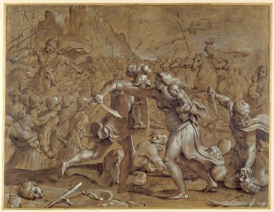 Taistelu roomalaisten ja sabiinien välillä (kynä ja muste pesuaineella ja guassi paperilla) tekijältä Annibale Carracci