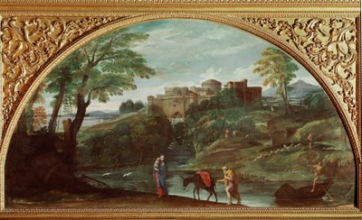 Lento Egyptiin. Annibale Carracci dit Carrachen maalaus (1560-1609). Mitat: 122x230 cm. Galleria Doria Pamphilj, Rooma, Italia. tekijältä Annibale Carracci