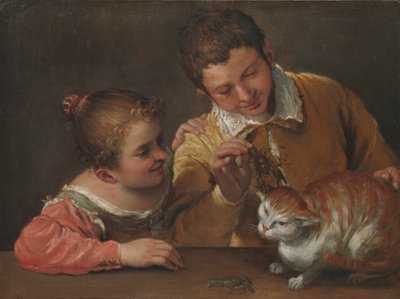 Kaksi lasta kiusaamassa kissaa (öljy kankaalle) tekijältä Annibale Carracci