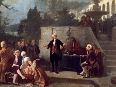 Italialainen näytelmäkirjailija Carlo Goldoni (1707-1793) julistaa sonetin Colonia Alfean (vastaa Pisan Arcadia-akatemiaa) jäsenille Annibale Gattin (1828 - 1909) Pisan Scotto Gardenissa. tekijältä Annibale Gatti