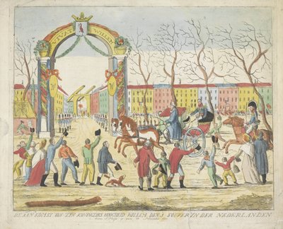 Orangen prinssin saapuminen Haagiin, 1813 Hänen kuninkaallisen korkeutensa Willem den 1 souveryn der Nederlanden benne S: Hage saapuminen 30. marraskuuta 1813 (otsikko esineessä) tekijältä Anonymous