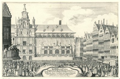 Afkondiging van de Vrede van Munster te Antwerpen, 1648 Julkaisu Peace Between Your K.M. Hispaniasta ja yhdistyneestä Alankomaista. tehty Antorffissa, 5. kesäkuuta, A.O. 1648 (otsikko esineessä) Publicatio Pacis, conclusae inter Regem His tekijältä Anonymous