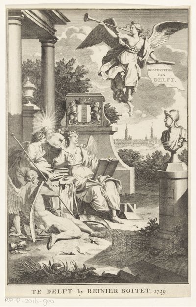 Delftin allegoria Delftin kuvaus (otsikko esineessä) Nimisivu: S.n., Beschryving der stadt Delft, 1729 tekijältä Anonymous