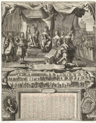 Allegoria Englannin kanssa tehdystä rauhasta vuonna 1674 ja almanakka vuodelta 1675 Vereenichde Nederlantsche danckbaerheyt, aen Carolus II. Coninck van Hisp. jne. rauhan solmimisesta Kaarle II:n kanssa. Iso-Britannian Coninck ja palauttaminen tekijältä Anonymous
