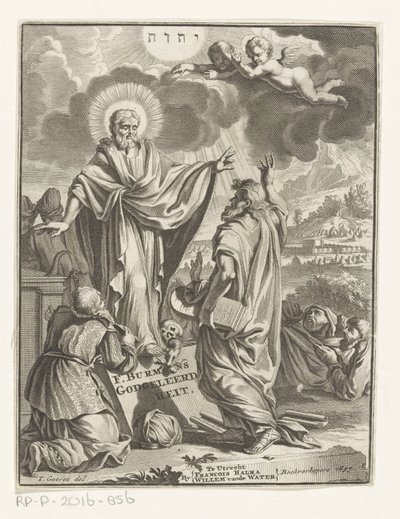 Allegorinen esitys Kristuksen, Mooseksen ja polvistuvan hahmon kanssa Nimisivu: Frans Burman, teologia, 1697 tekijältä Anonymous