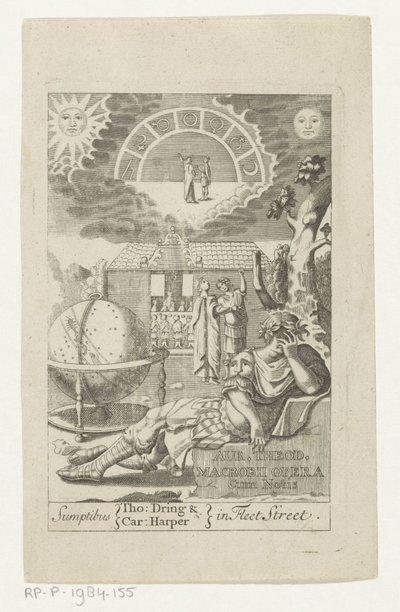 Ambrosius Theodosius Macrobius leunend op steen naast globe Kulta Theod. Macrobius Opera Cum Notis (otsikko objektissa) Otsikko voor: Ambrosius Theodosius Macrobius, Aur. Theodosius Macrobius V. Cl. & Maineikkaat teokset, 1694 tekijältä Anonymous