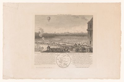 Ballonvlucht door de heren Charles en Robert van Parijs naar Beaumont, gezien vanaf de Tuilleriën, 1. joulukuuta 1783 Toinen lentomatkailija tai MM-kokemus. Charles ja Robert, valmistettu Pariisissa Tuilleries