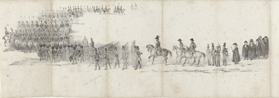 Edesmenneen kuningas Willem II:n hautajaiset Delftissä 4. huhtikuuta 1849 (sivu 1) Viisi vierekkäistä arkkia Vilhelm II:n hautajaiskulkueesta vuonna 1849 (sarjan nimi) tekijältä Anonymous