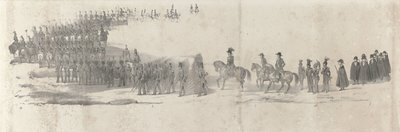 Edesmenneen kuningas Willem II:n hautajaiset Delftissä 4. huhtikuuta 1849 (sivu 2) Viisi vierekkäistä arkkia Vilhelm II:n hautajaiskulkueesta vuonna 1849 (sarjan nimi) tekijältä Anonymous