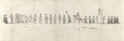 Edesmenneen kuningas Willem II:n hautajaiset Delftissä 4. huhtikuuta 1849 (sivu 3) Viisi vierekkäistä arkkia Vilhelm II:n hautajaiskulkueesta vuonna 1849 (sarjan nimi) tekijältä Anonymous