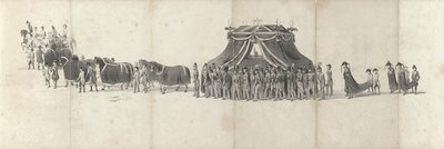 Edesmenneen kuningas Willem II:n hautajaiset Delftissä 4. huhtikuuta 1849 (sivu 4) Viisi vierekkäistä arkkia Vilhelm II:n hautajaiskulkueesta vuonna 1849 (sarjan nimi) tekijältä Anonymous