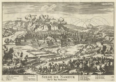 Beleg van Namen oven koning Willem III, 1695 Siege de Nameur, Roy Guiljaum (otsikko esineessä) Euroopan, Aasian, Afrikan ja Amerikan joukot (...) Kuten myös Ranskan ja Espanjan rannikkokartat (sarjan nimi esineessä) tekijältä Anonymous