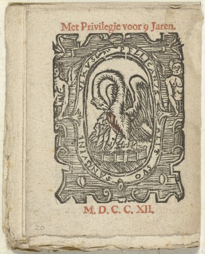 Sivu kustantajan merkillä, 1712 Jossa Lidt de Maen on / missä kuolet / vuodat verta, ellei sinun suuri nuottisi; Jos Peste / Pleures on / ende sulck quaet / oock not sonder des Meestersraet (otsikko esineessä) tekijältä Anonymous