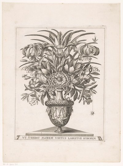 Bloemen in vaas met leeuwenkoppen (otsikko esineessä) tekijältä Anonymous