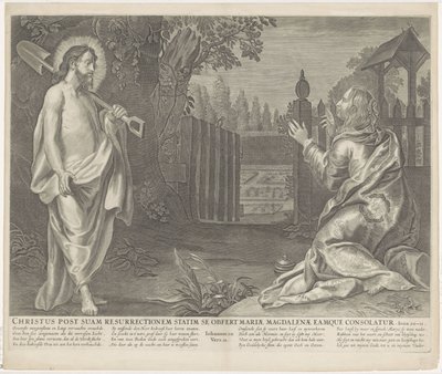 Christus verchicht als tuinman aan Maria Magdaleena (Älä koske minuun) Kristus välittömästi ylösnousemuksensa jälkeen esittelee itsensä Magdalan Marialle ja lohduttaa häntä (otsikko esineessä) Royal Bijbel (sarjan nimi) tekijältä Anonymous