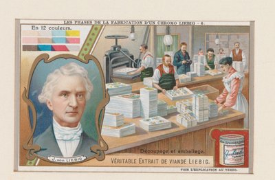 Leikkaus ja pakkaus (otsikko esineessä) Liebig Chromon valmistusvaiheet / Aito Liebig Meat Extract (sarjan nimi esineessä) tekijältä Anonymous